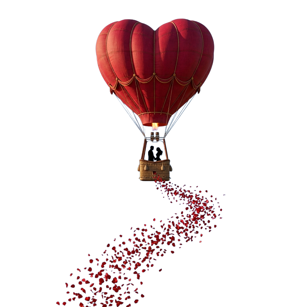 A heart-shaped red hot air balloon flying at night with a sparkling trail below it