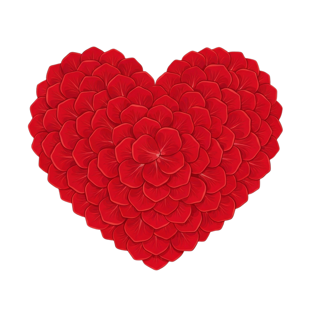 A heart shape composed of numerous red petals against a black background
