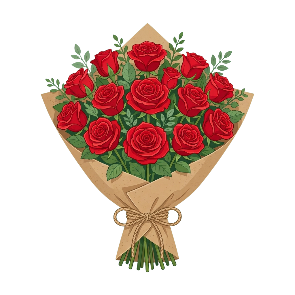 Illustration of a bouquet of red roses wrapped in kraft paper with a twine bow