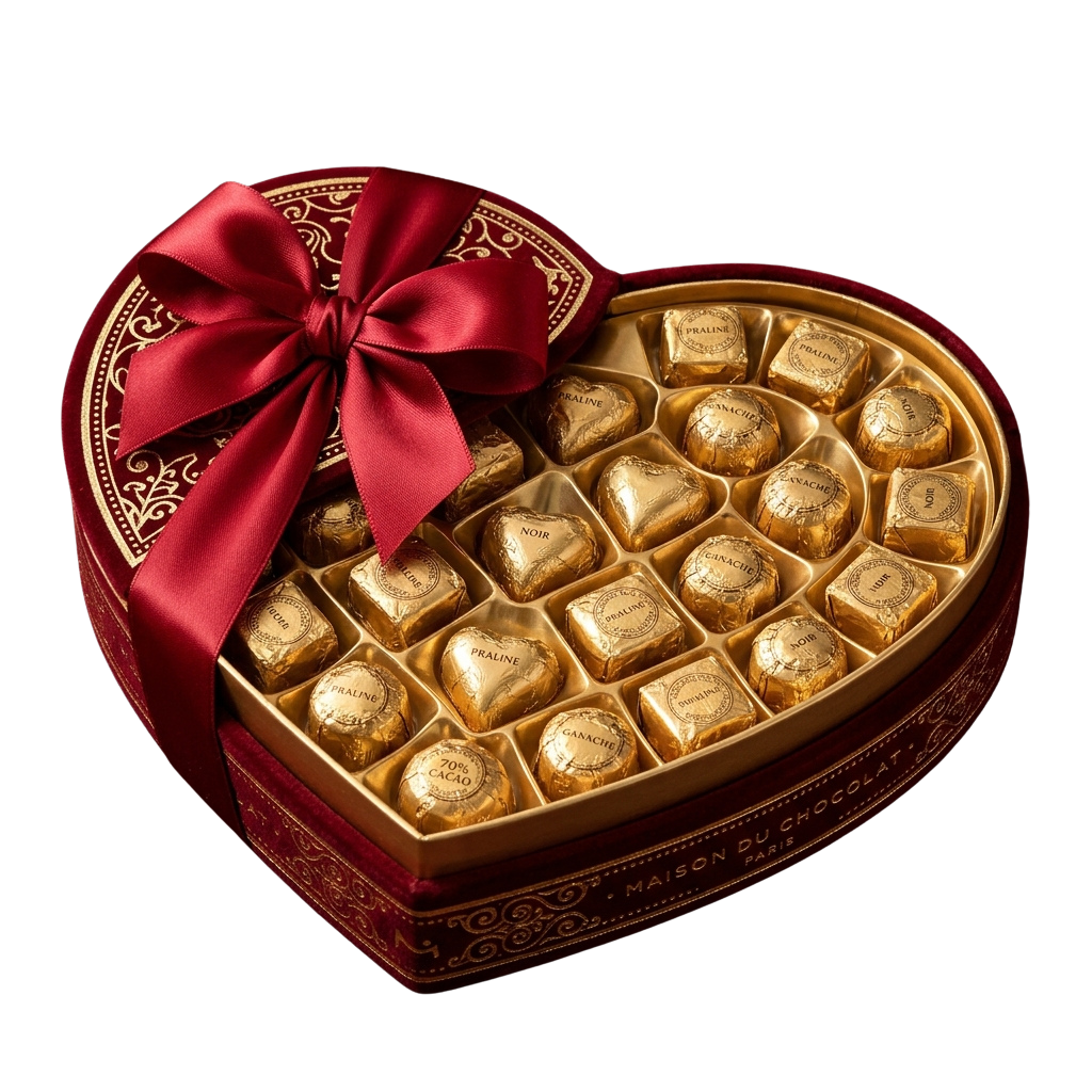 Heart-shaped gold box filled with assorted chocolates, wrapped with a red satin ribbon and bow