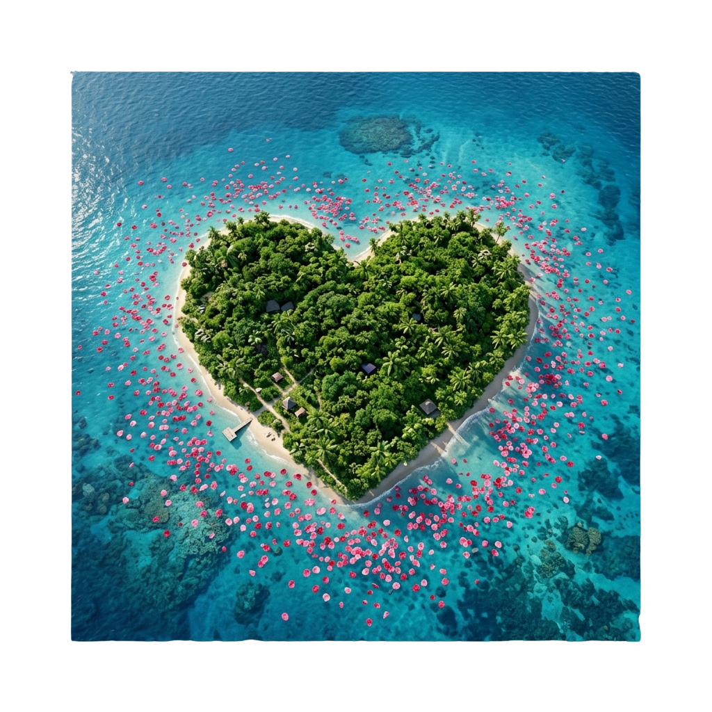 Aerial view of a lush heart-shaped island surrounded by clear blue water with coral and red fish