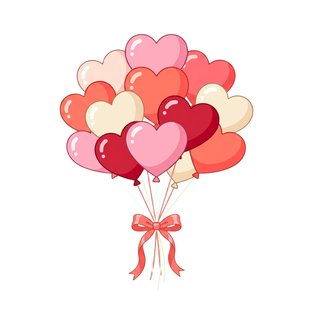 A cluster of heart-shaped balloons in various shades of pink and red tied together with a pink ribbon.