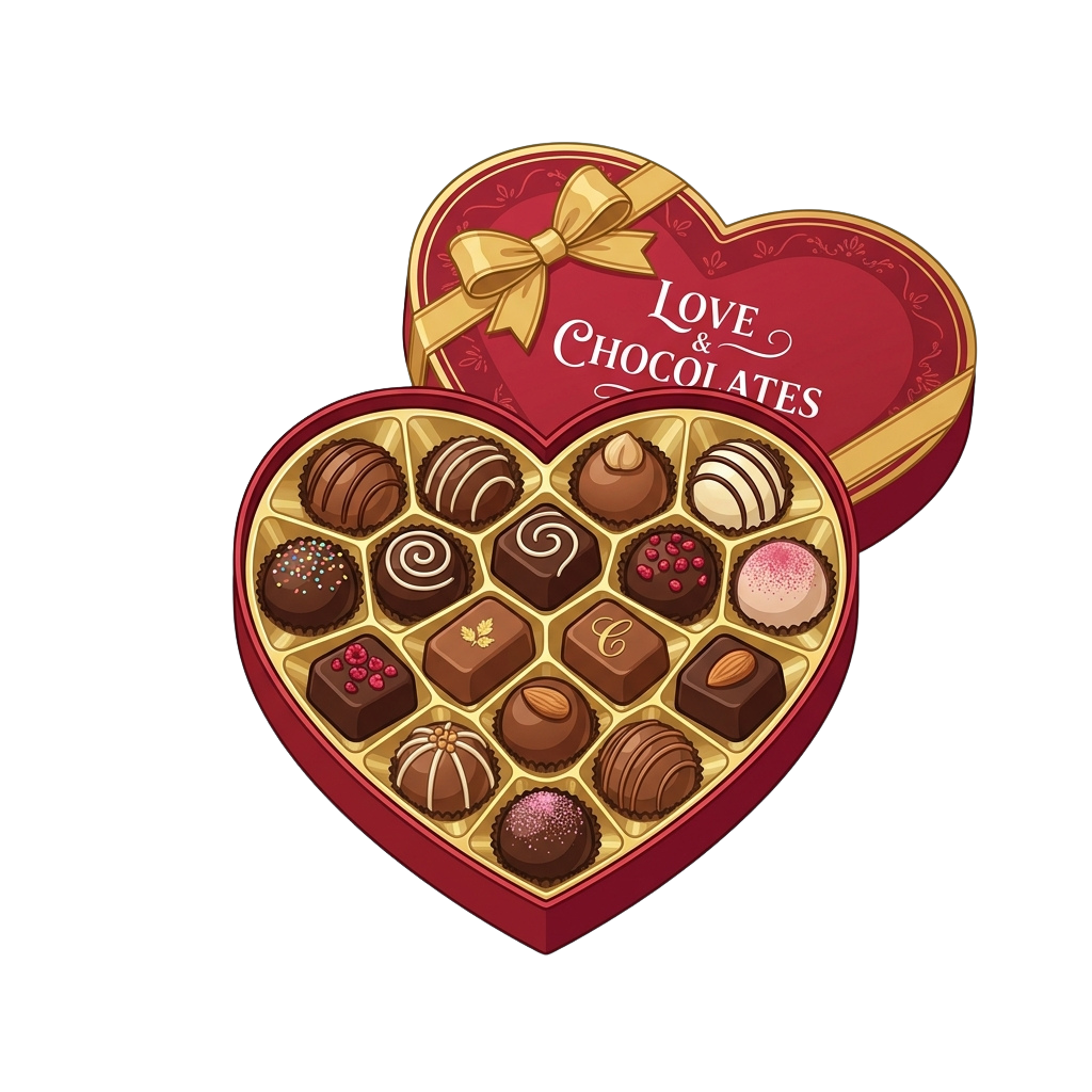 Heart-shaped box filled with assorted chocolates and truffles, decorated with a gold ribbon bow and text reading Love and Chocolates