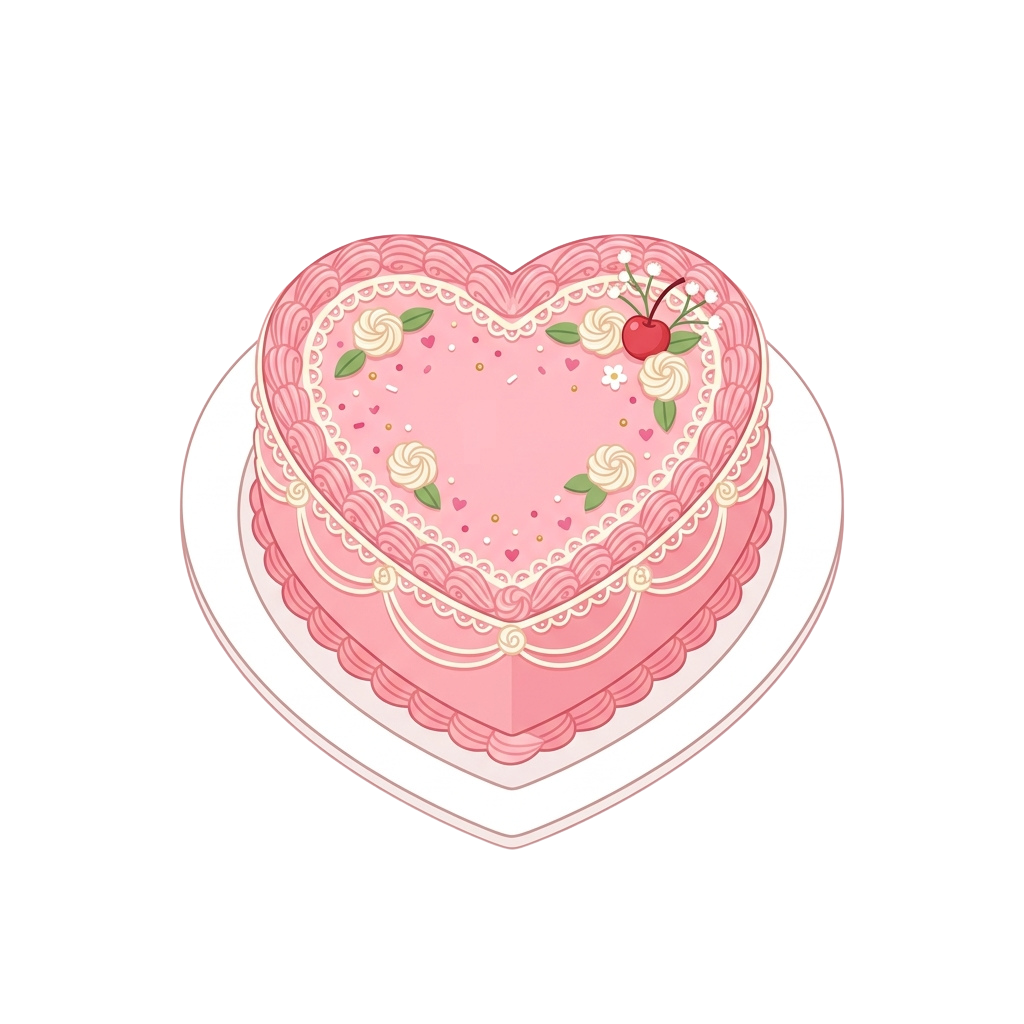 A heart-shaped cake with pink icing, floral decorations, and a red cherry on top