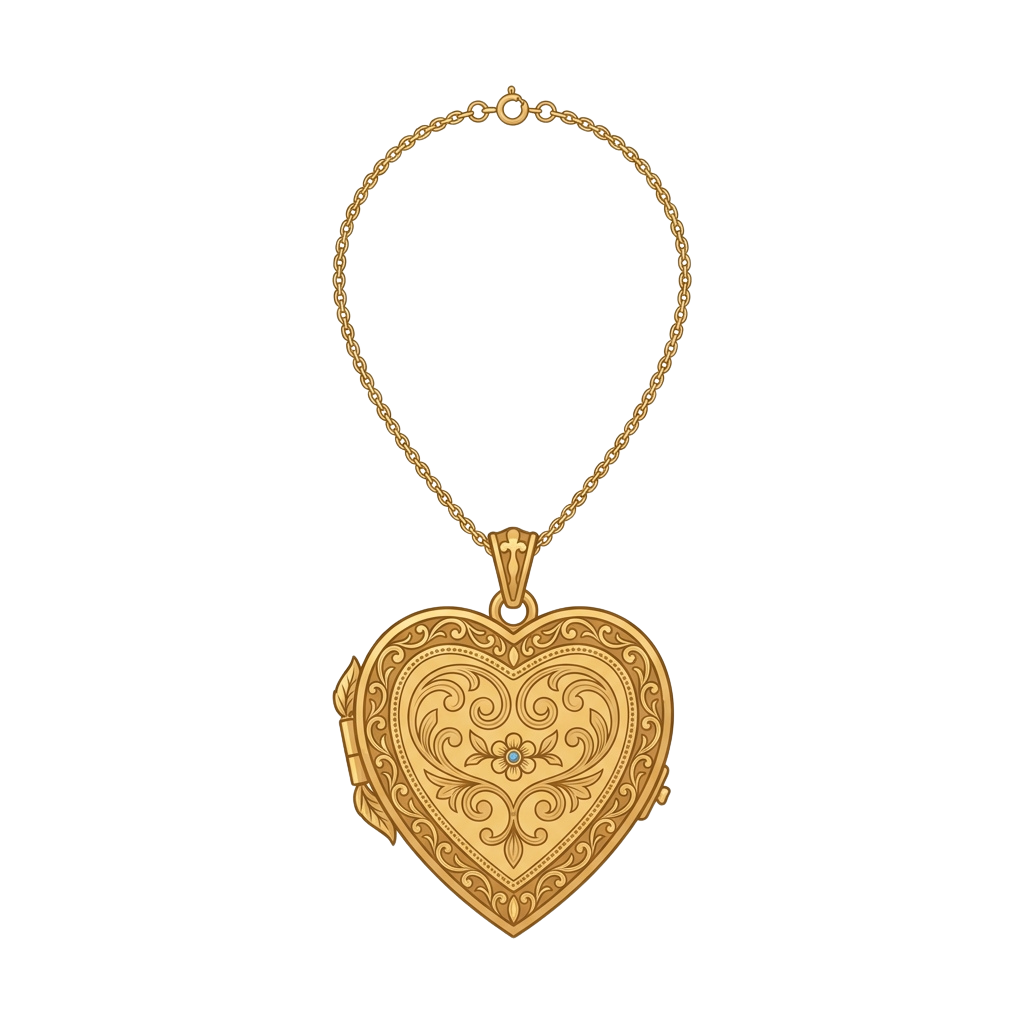 A gold heart-shaped locket necklace with an ornate design and a delicate chain.