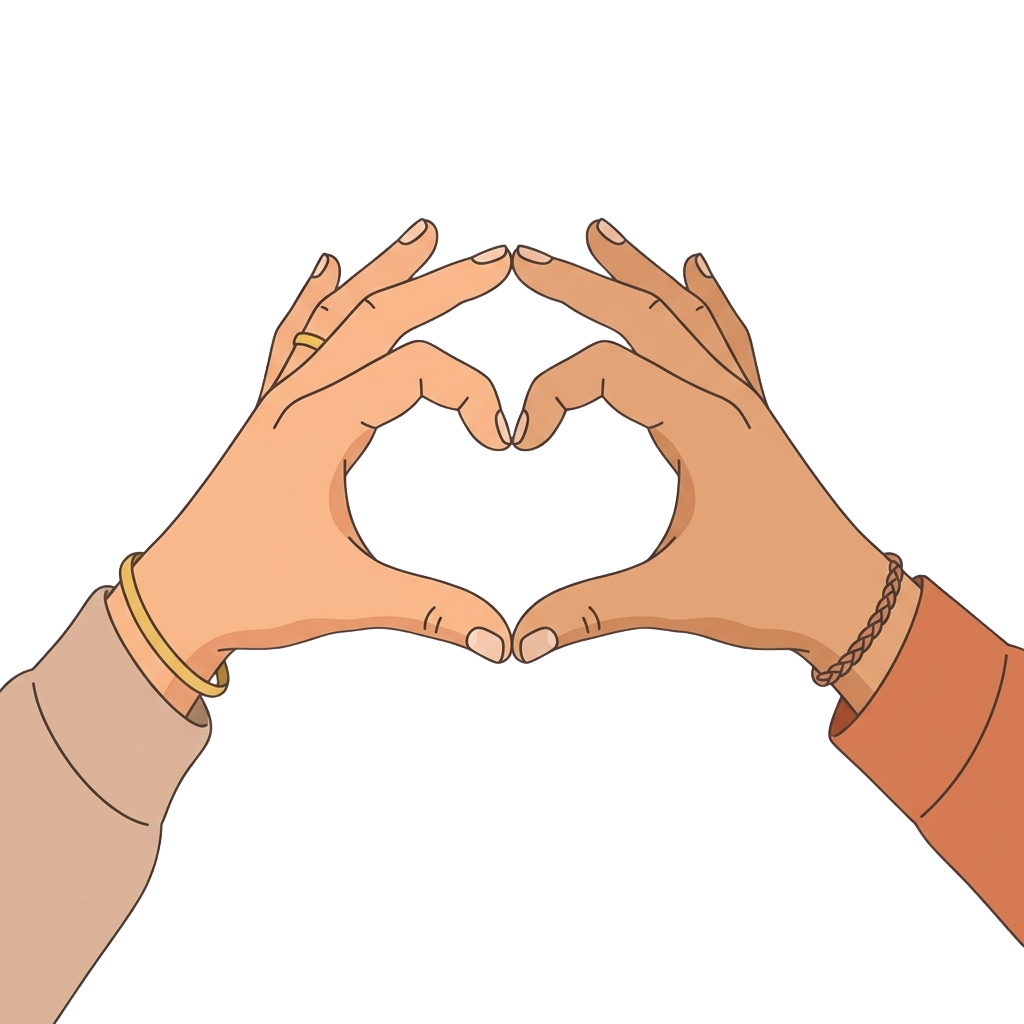 Two hands forming a heart shape with fingers against a dark background