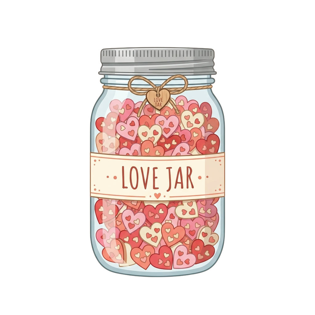 A clear glass jar labeled Love Jar filled with small heart-shaped papers tied with a decorative ribbon and tag.