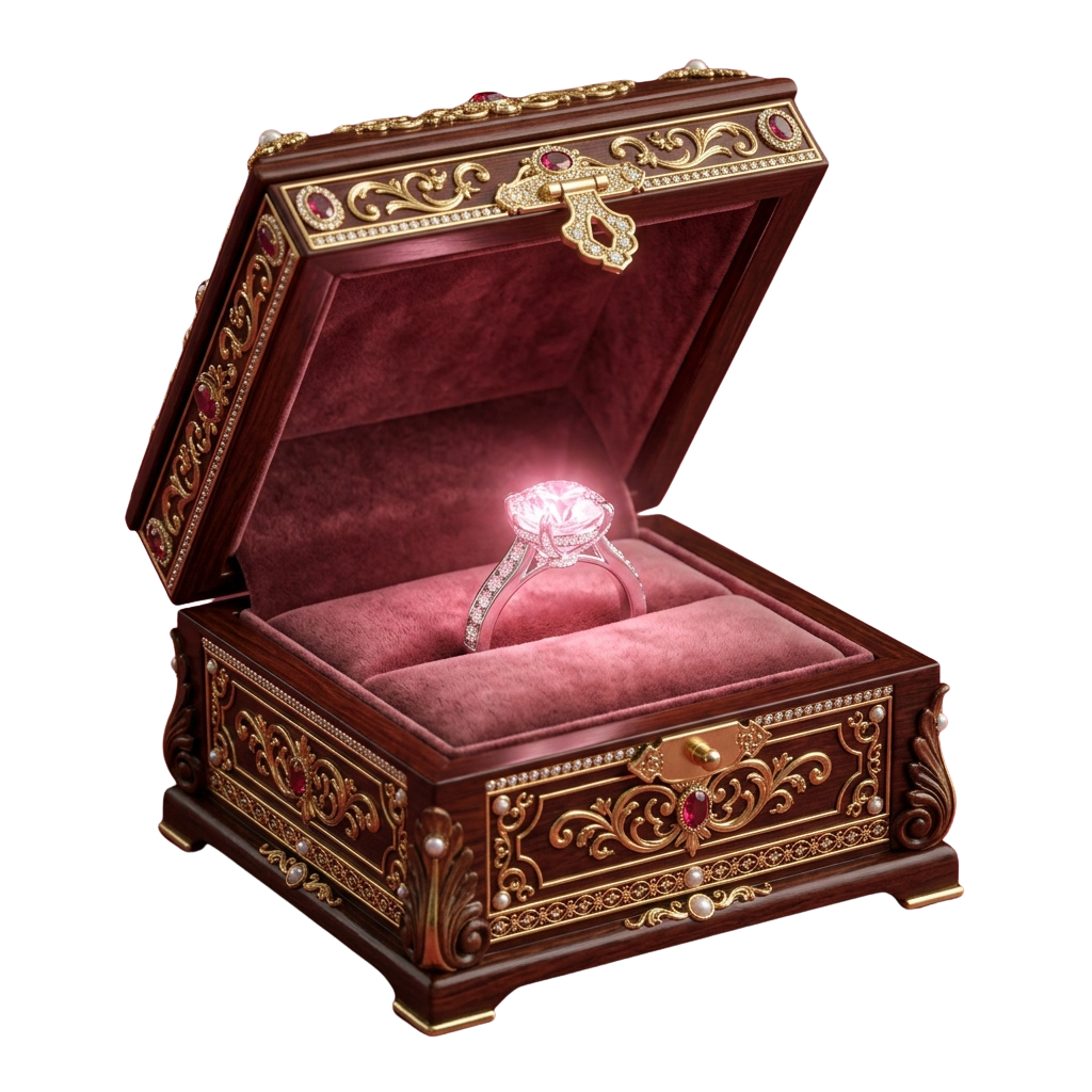 An ornate wooden box with gold detailing open to reveal a sparkling diamond engagement ring inside.