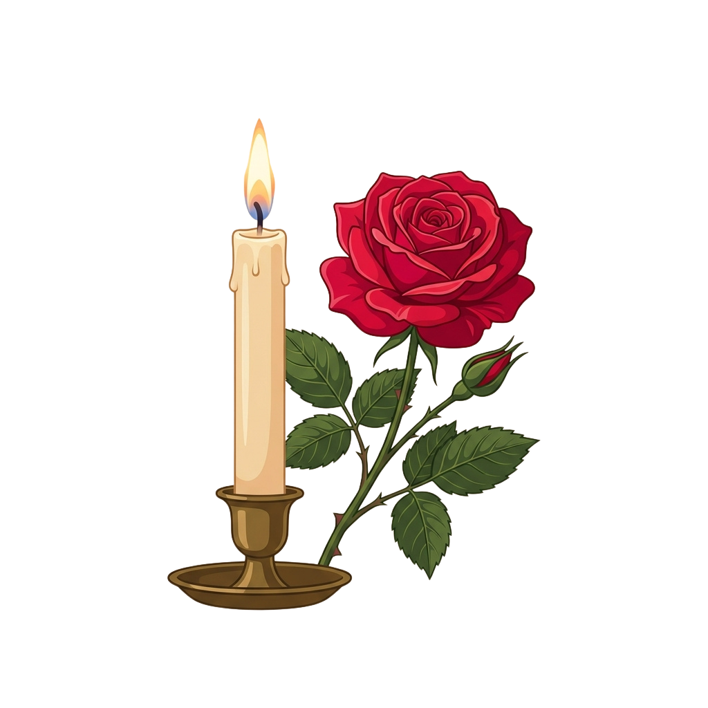 Illustration of a lit candle beside a red rose with green leaves on a dark background