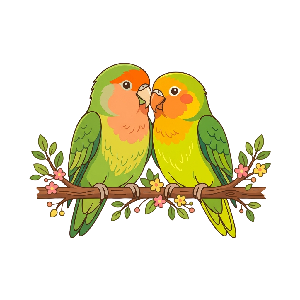 Two green and orange lovebirds sitting close together on a branch with small flowers.