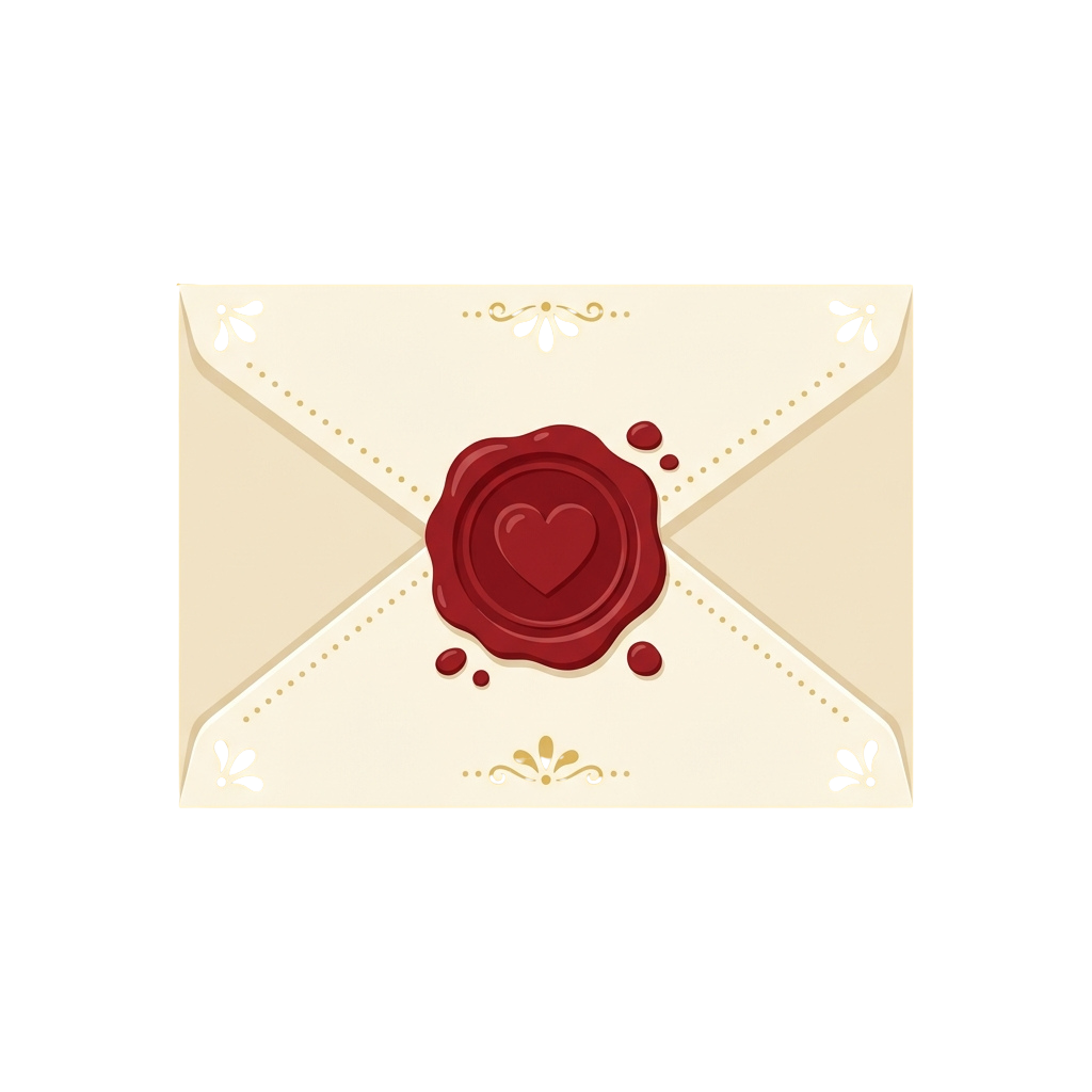 Illustrated cream envelope with a red wax seal featuring a heart shape, sealed with dotted wax marks and decorative flourishes