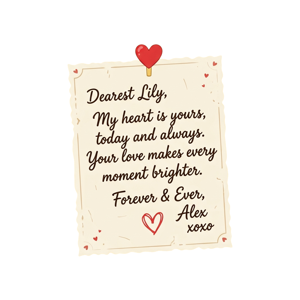 Handwritten love letter note pinned with a red heart, featuring heart doodles around the edges