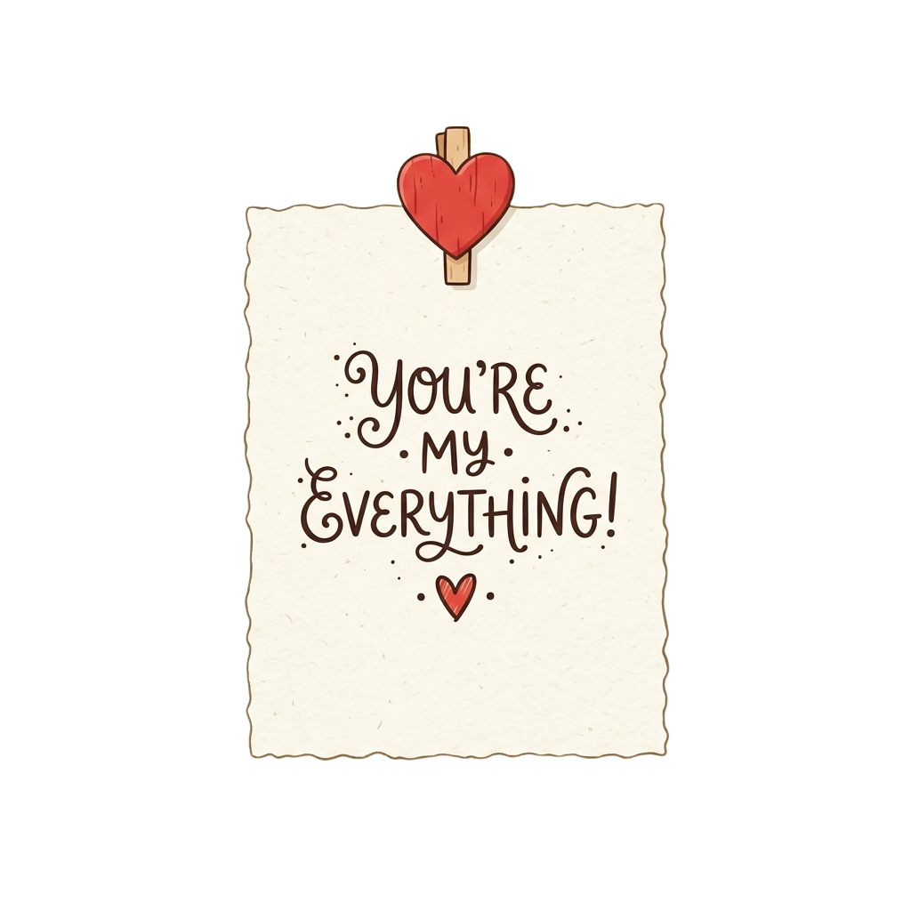 A paper with handwritten text saying You're my everything, pinned with a red heart on top