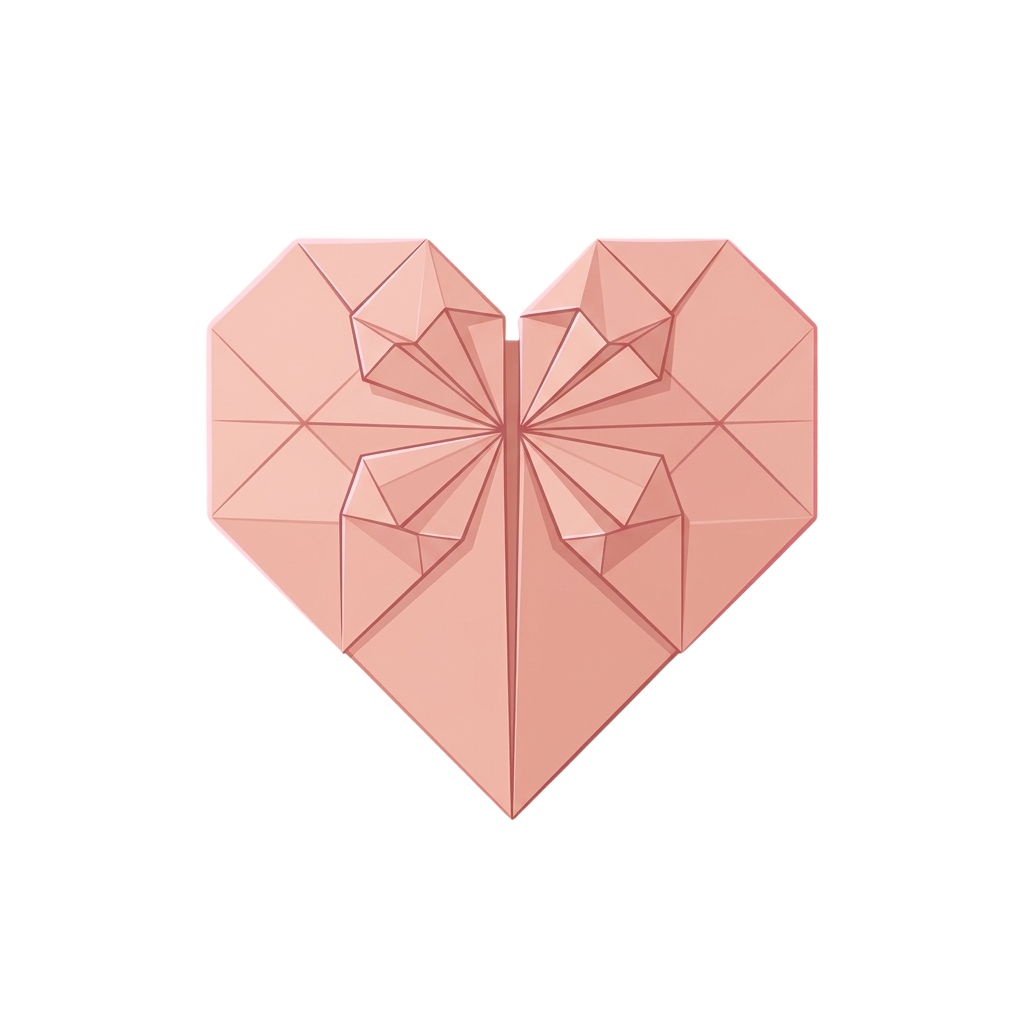 A geometric origami heart made from folded paper with intricate triangular patterns