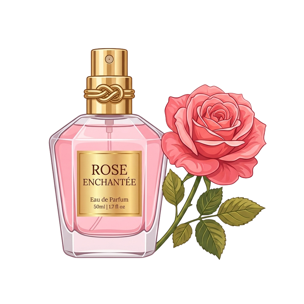 Pink perfume bottle labeled Rose Enchantee Eau de Parfum next to a pink rose with green leaves
