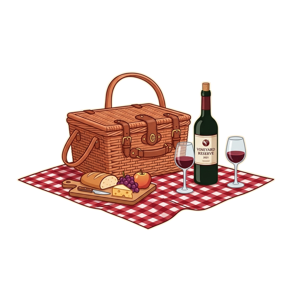 A picnic scene featuring a wicker basket, wine bottle, two glasses, bread, cheese, grapes, and a knife on a red checkered cloth