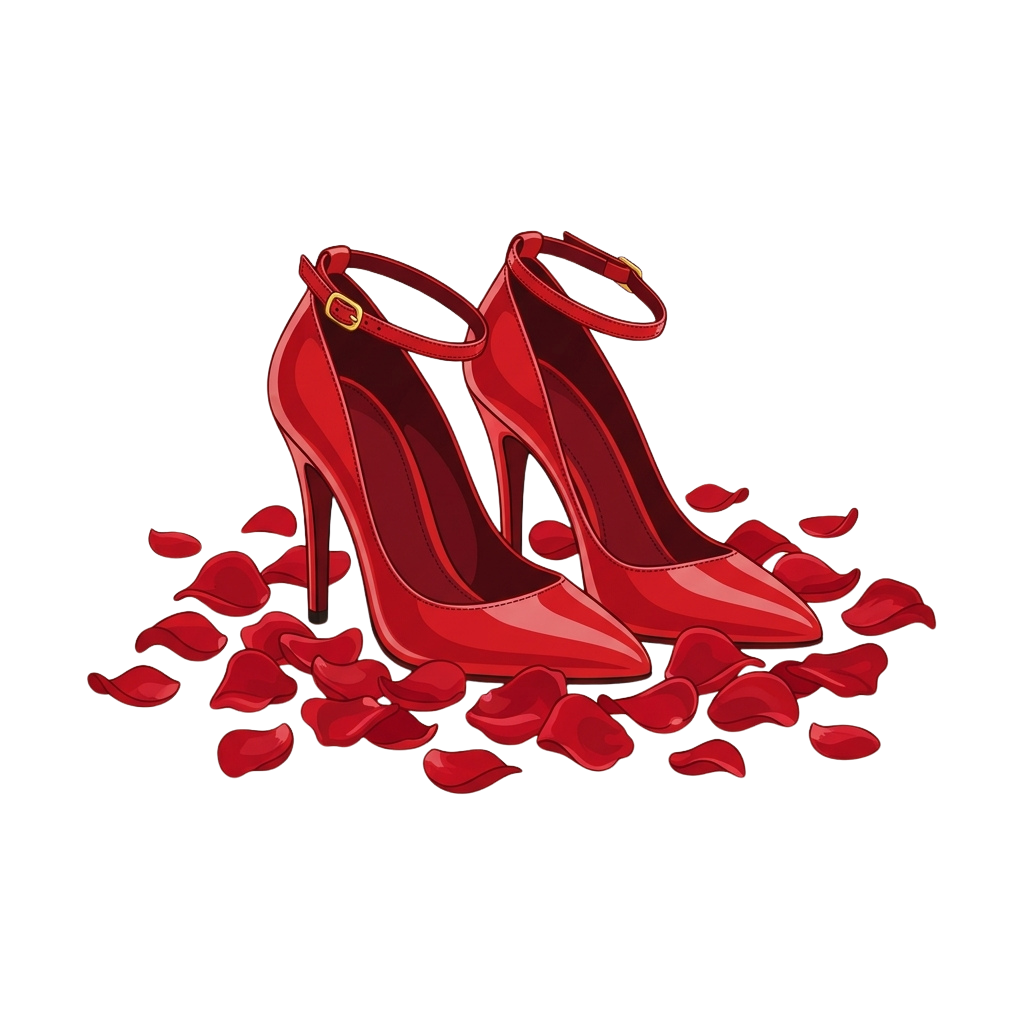 A pair of red high-heeled shoes with ankle straps on a black background surrounded by scattered red rose petals