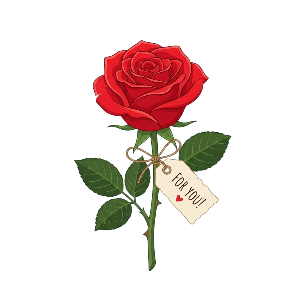 A red rose with green leaves and a tag that says For You with a heart symbol