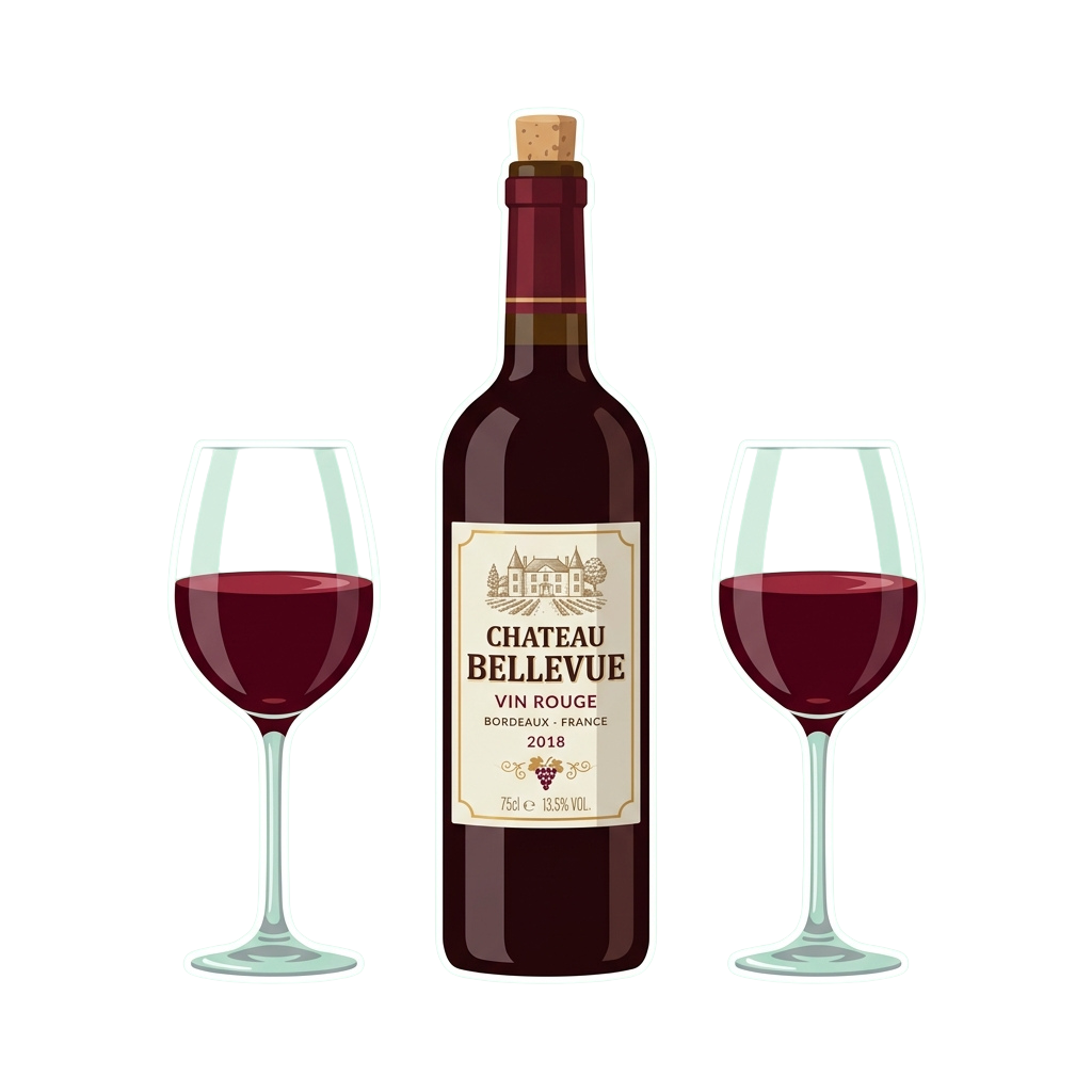 Illustration of a red wine bottle labeled Chateau Bellevue and two wine glasses filled with red wine