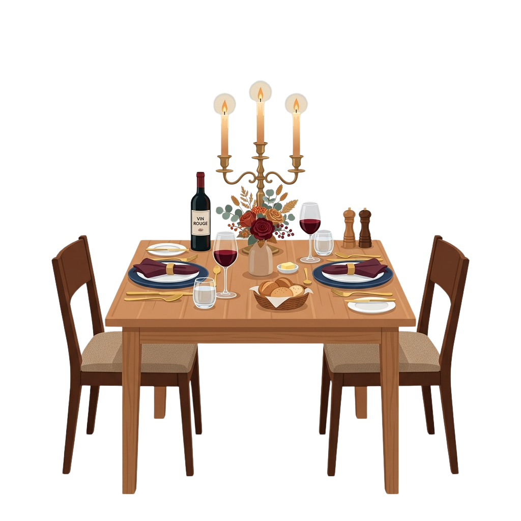 A beautifully set wooden table with wine glasses, plates, candles, and flowers for a romantic dinner.