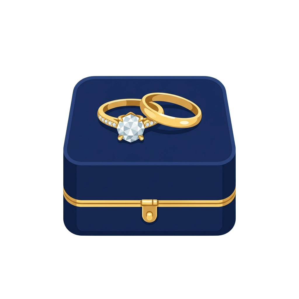 Open velvet box displaying a gold engagement ring with a central diamond and a matching wedding band.