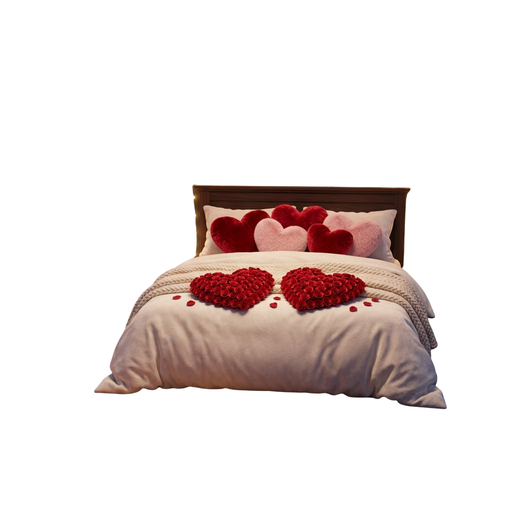 A neatly made bed with white sheets and heart-shaped red pillows and decorations.
