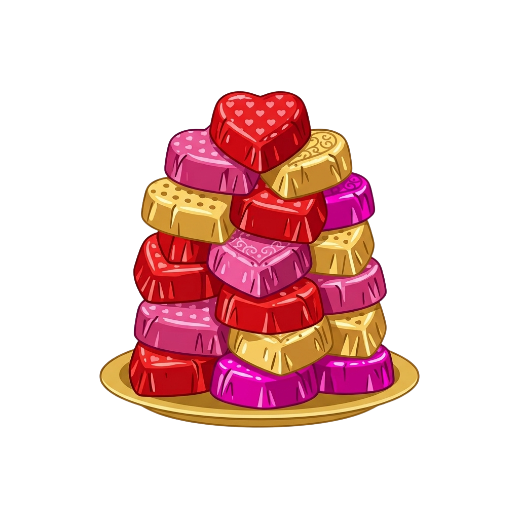 A pyramid-shaped stack of heart-shaped chocolates in red, pink, and gold colors on a gold plate
