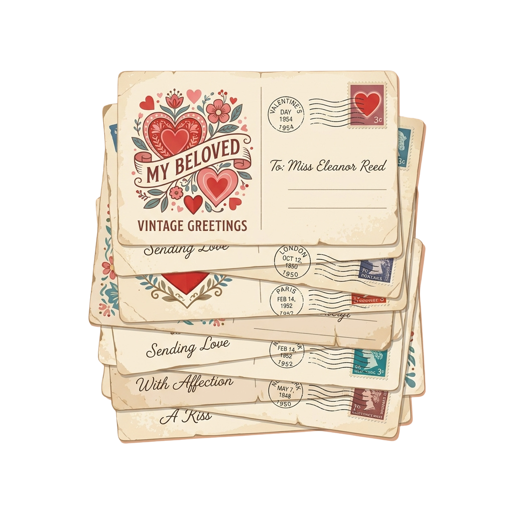 Stack of vintage-style love letters and greeting cards with heart designs and stamps