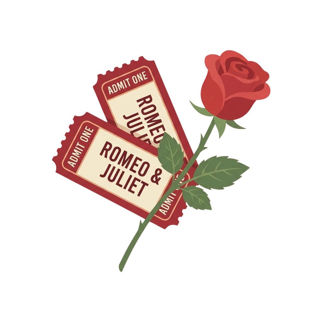 Two red theater tickets labeled Romeo and Juliet beside a red rose with green leaves and stem