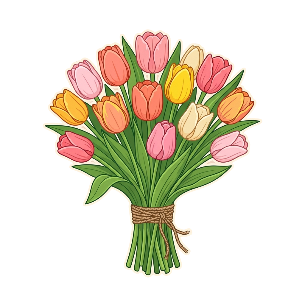 Illustration of a bouquet of colorful tulips tied with twine on a black background