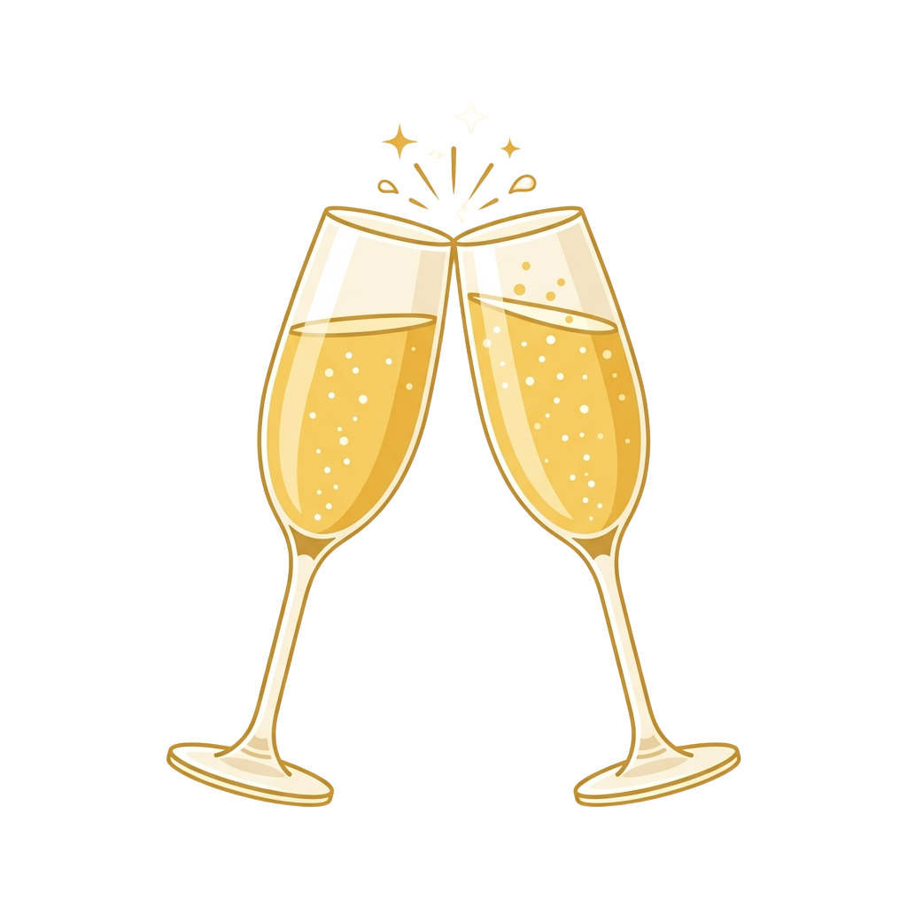 Two champagne flutes clinking together with bubbles and starburst effects in between, symbolizing celebration