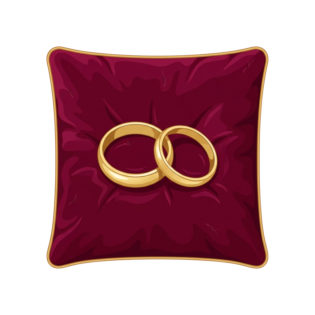 Two interlocking gold wedding rings placed on a maroon velvet cushion with gold trim