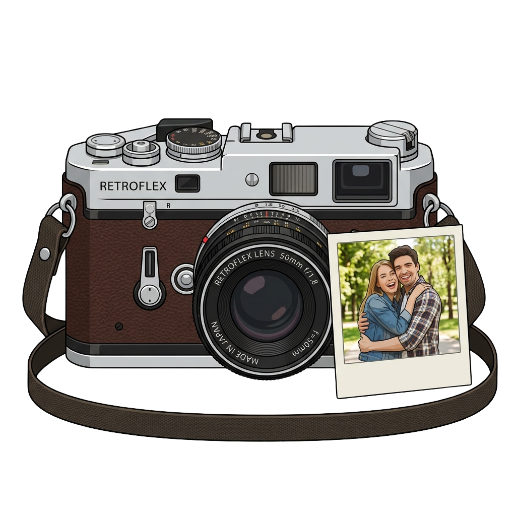 A vintage-style camera with a strap and a sample photo of a smiling couple displayed next to it