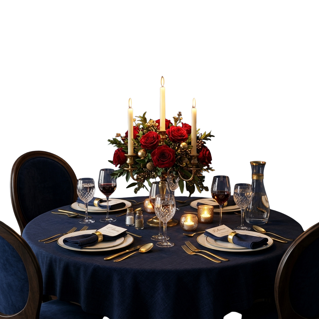 Elegant dinner table with dark blue tablecloth, gold cutlery, wine glasses, and a floral centerpiece with red roses and candles