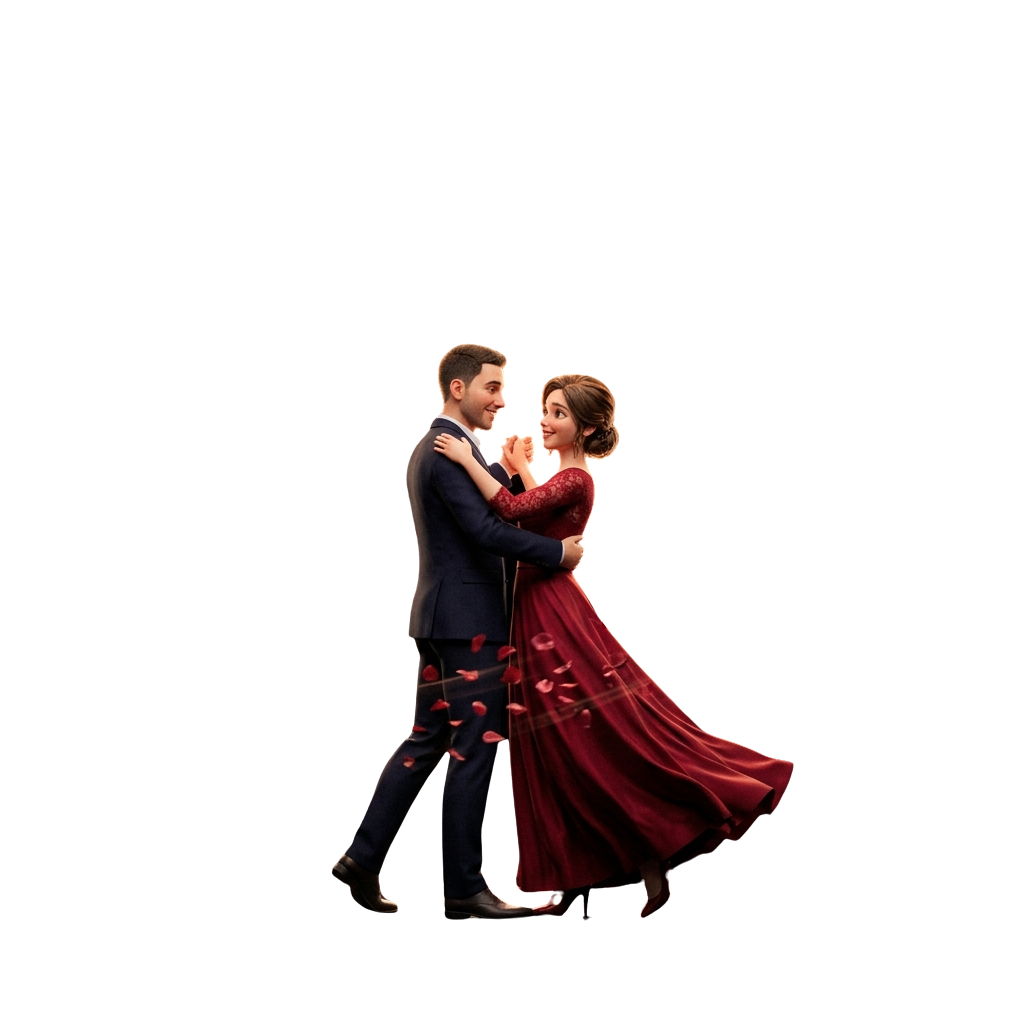 A man and woman dancing closely together in formal wear, with the woman in a red dress and the man in a dark suit