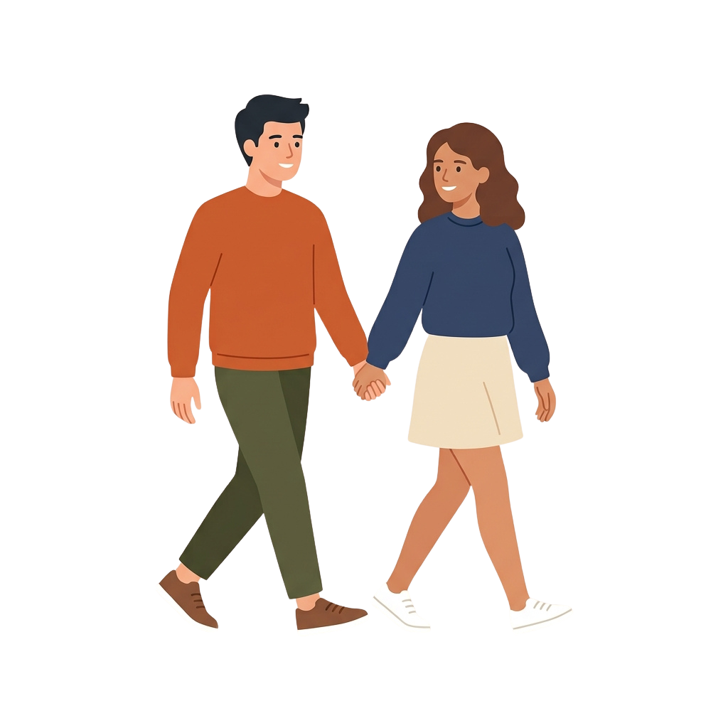 Illustration of a smiling man and woman walking hand in hand, dressed in casual clothing