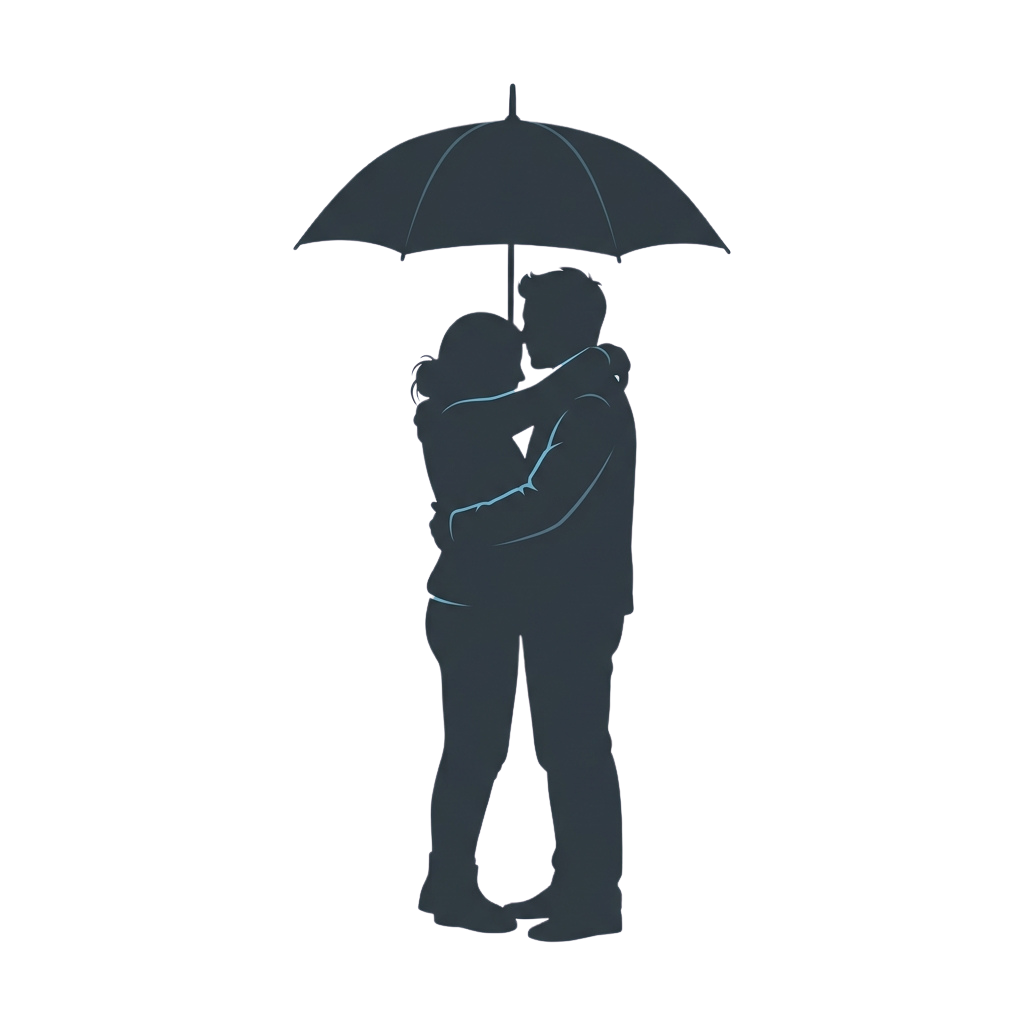 Two people embracing under a shared umbrella silhouette against a dark background