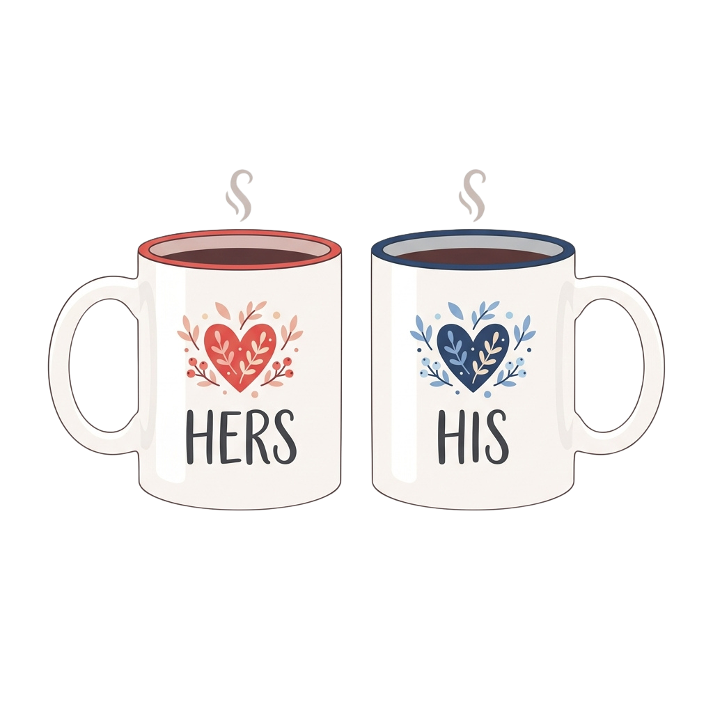 Two mugs labeled hers with a red heart and his with a blue heart, emitting steam.