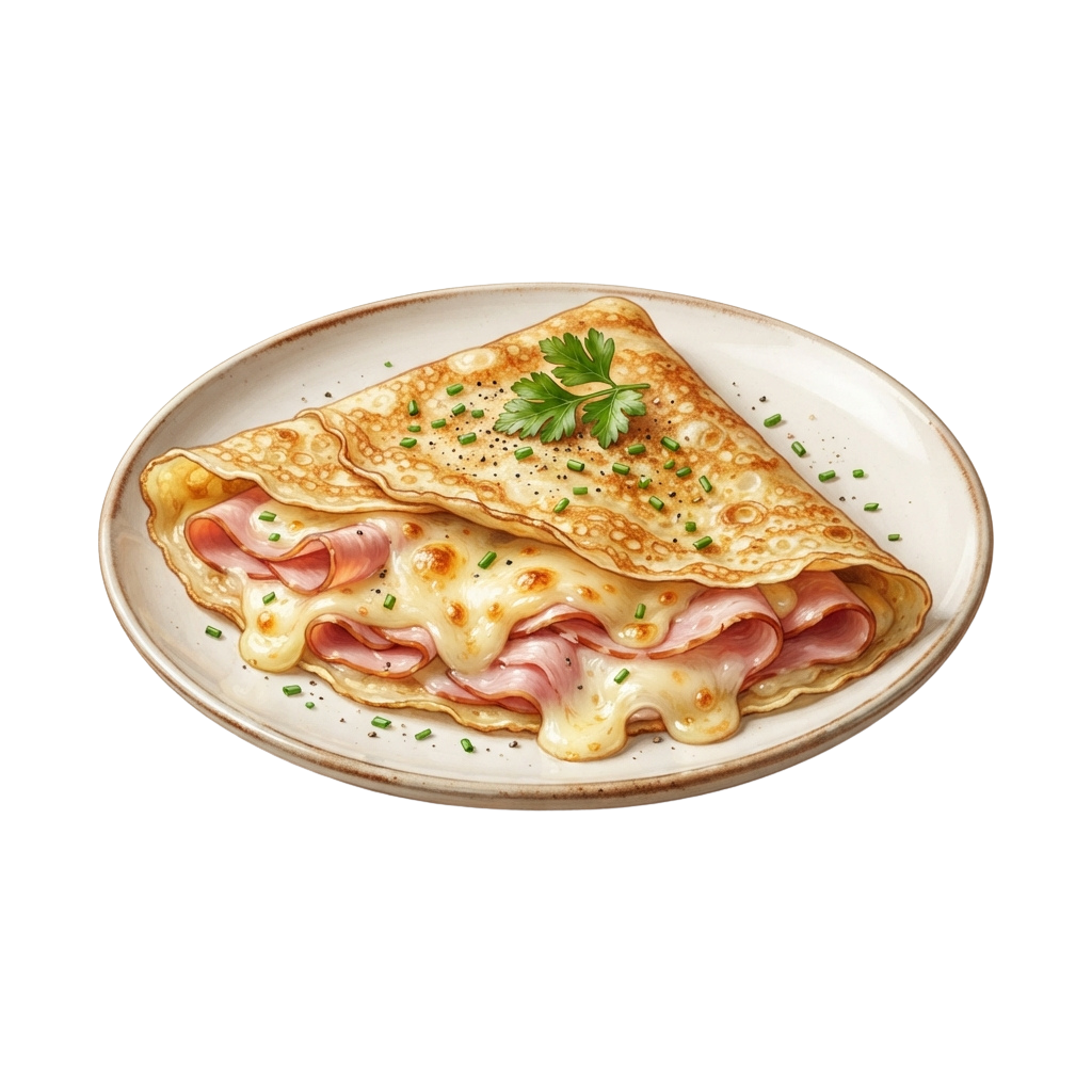 A plate with golden-brown crepes filled with ham and melted cheese, garnished with parsley and chives