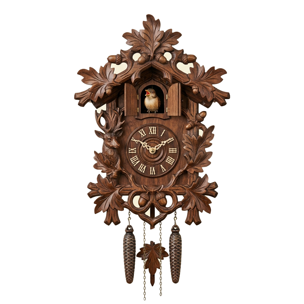A detailed wooden cuckoo clock featuring a bird inside the door and ornate leaf carvings around the clock face