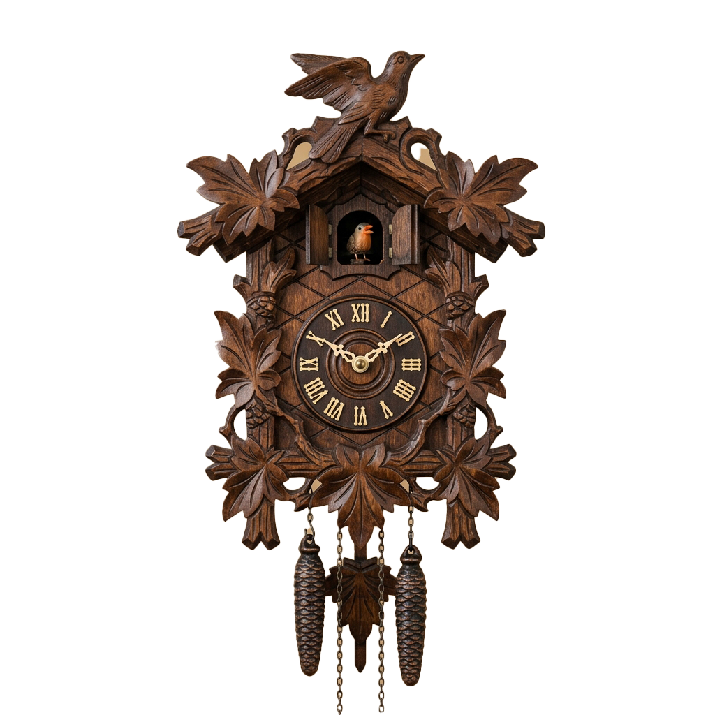 Decorative wooden cuckoo clock featuring a bird figure and floral carvings