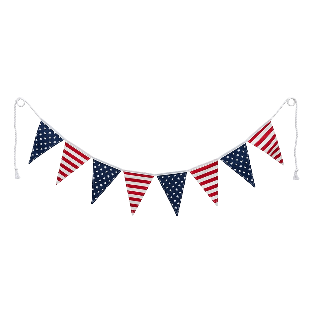 String of triangular bunting flags in red white and blue star pattern