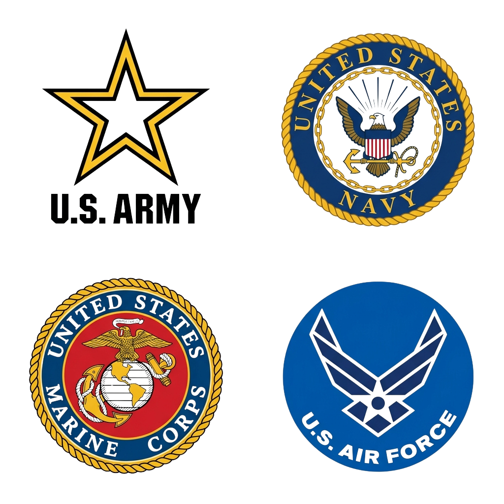Four US military branch insignias: Army star, Navy eagle shield, Marine Corps emblem, and Air Force winged globe