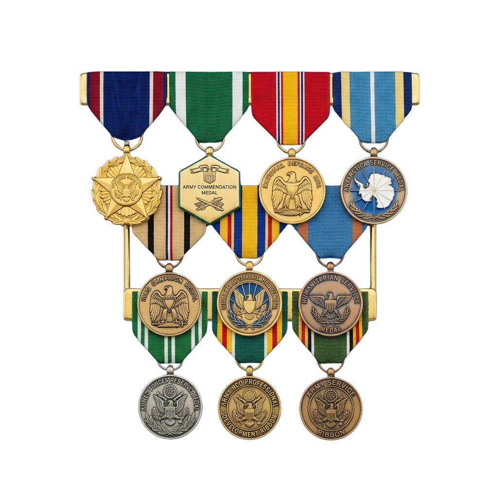 Nine military medals and ribbons displayed on black background including commendation, service, and campaign medals.