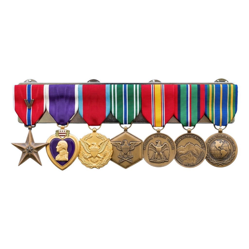 A collection of military medals and ribbons displayed on a bar, including a star, purple heart, and various campaign and service medals.