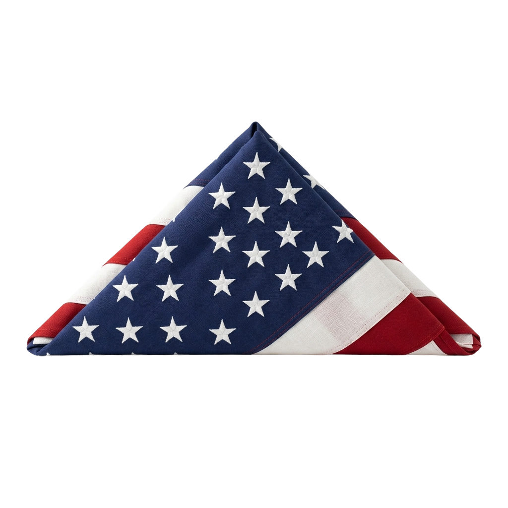 A neatly folded triangular napkin featuring the design of the United States flag with stars and stripes