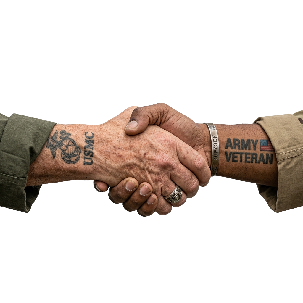 Two veterans shaking hands, one with USMC tattoo, the other wearing an Army Veteran bracelet