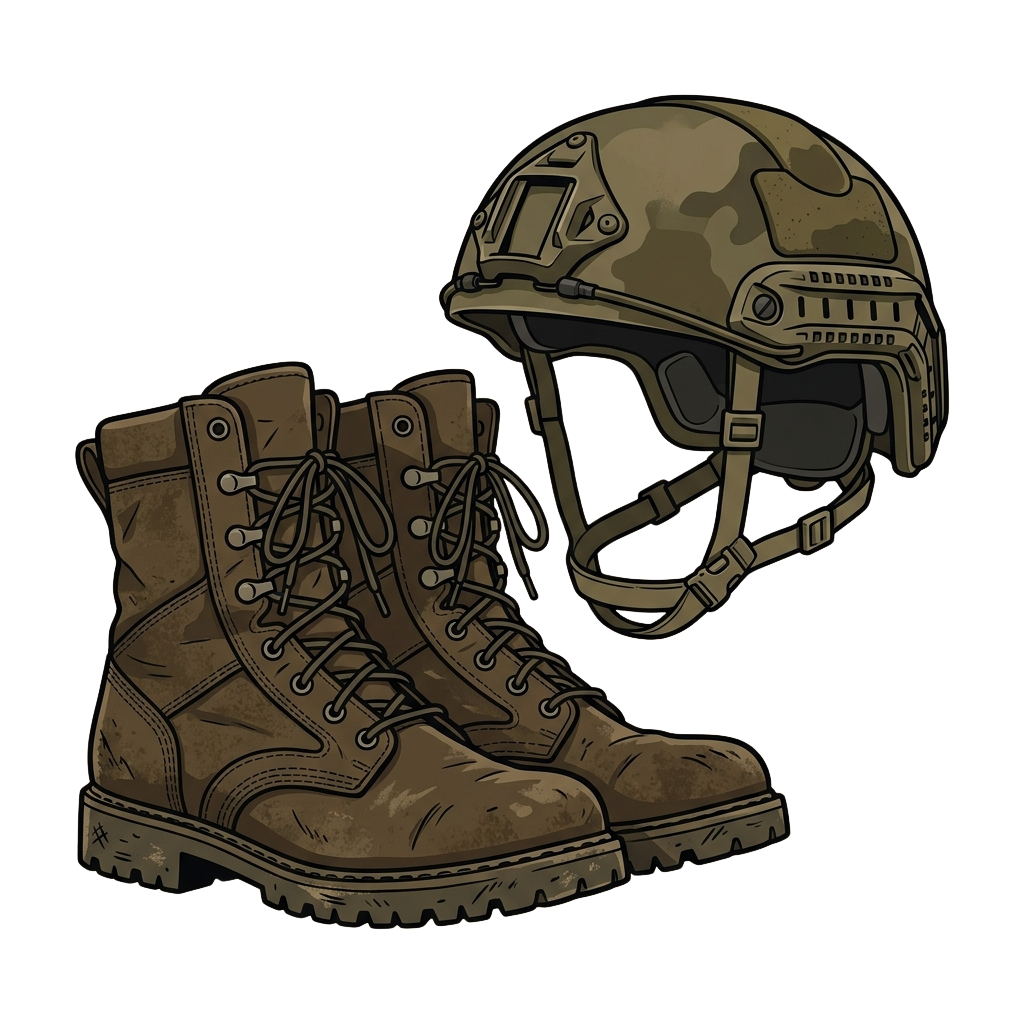 Illustration of a pair of military-style boots and a helmet with camouflage patterns