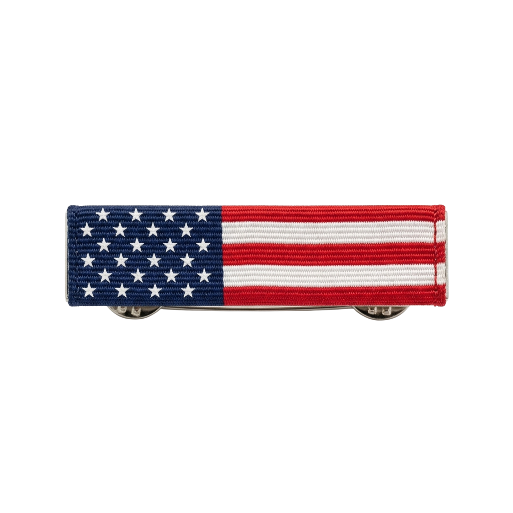 Small rectangular US flag ribbon bar with stars on blue and stripes of red and white