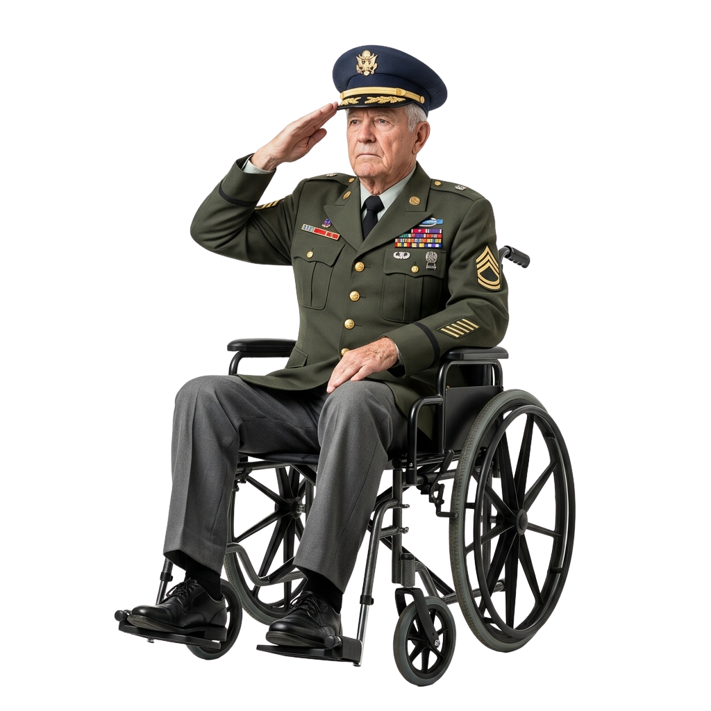 Senior man in military uniform saluting while seated in a wheelchair
